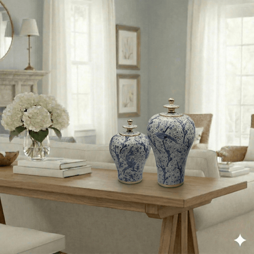 Blue and White Bird Ginger Jar Set