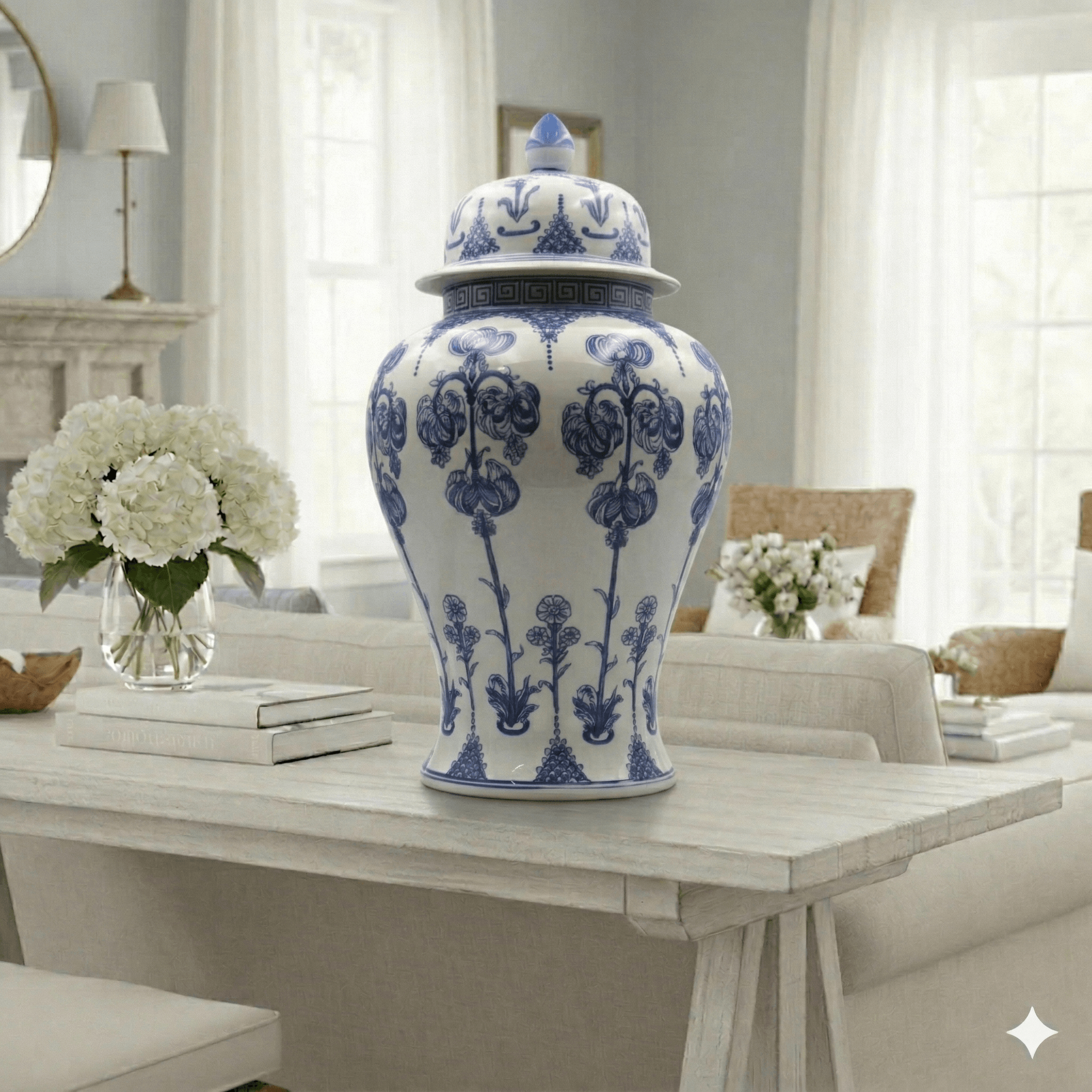 Blue and White Porcelain Temple Jar - Large