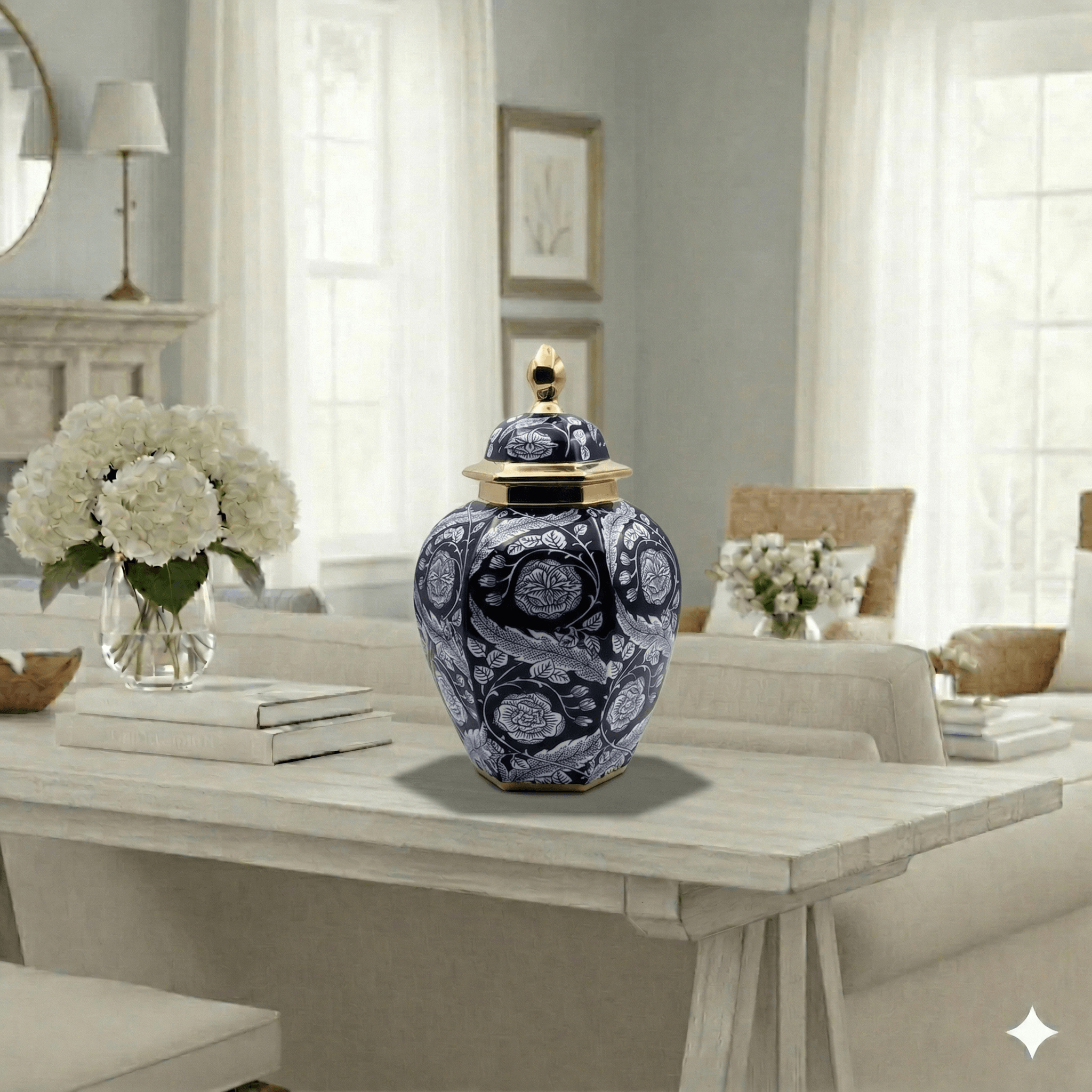 Cobalt Navy Blue and Gold Floral Temple Jar