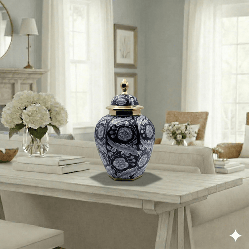 Cobalt Navy Blue and Gold Floral Temple Jar