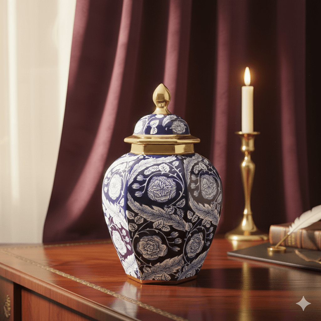 Cobalt Navy Blue and Gold Floral Temple Jar