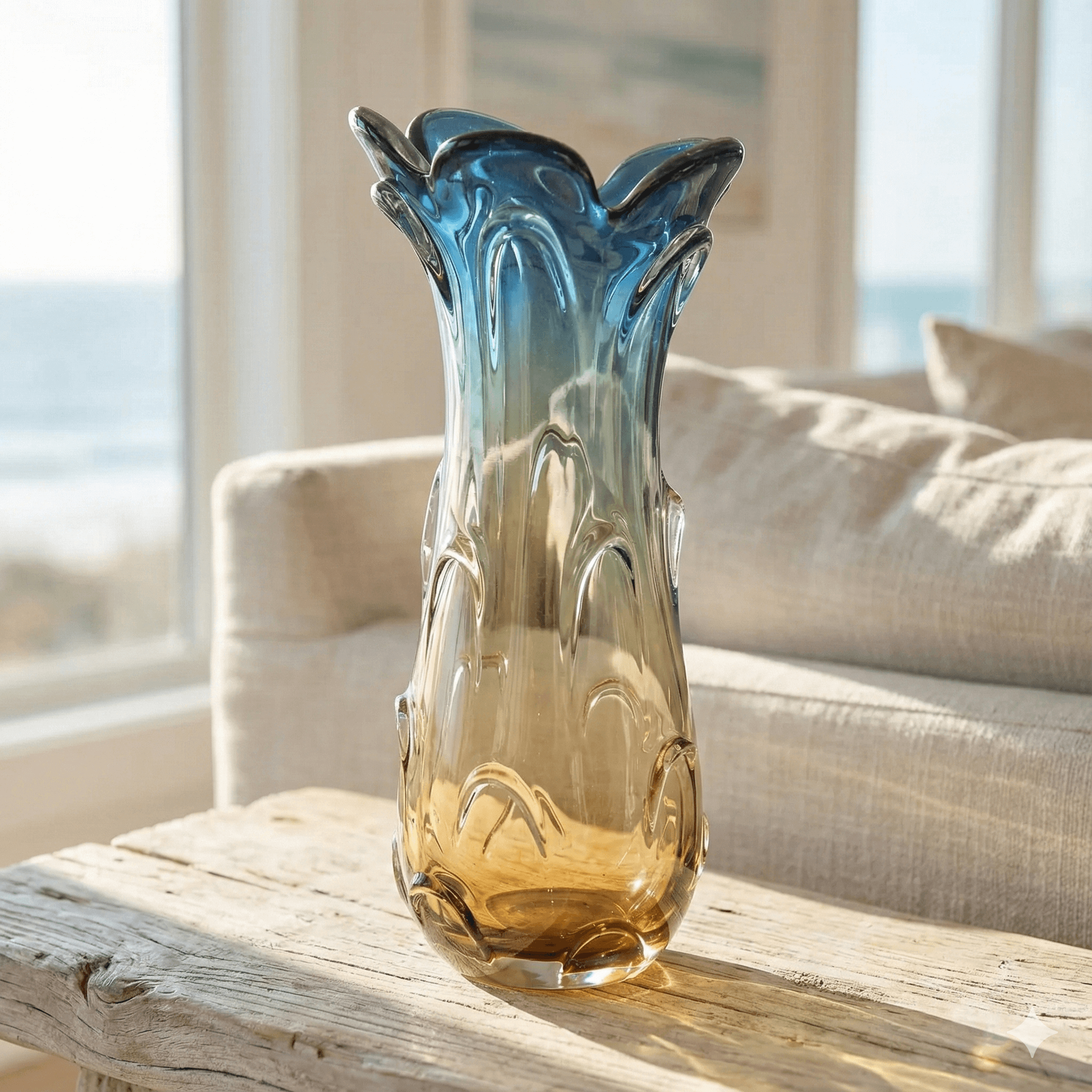 Murano Style Amber Blue Glass Vase - 35cm
