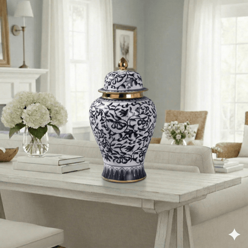 Blue and White Vine Ceramic Ginger Jar - Large