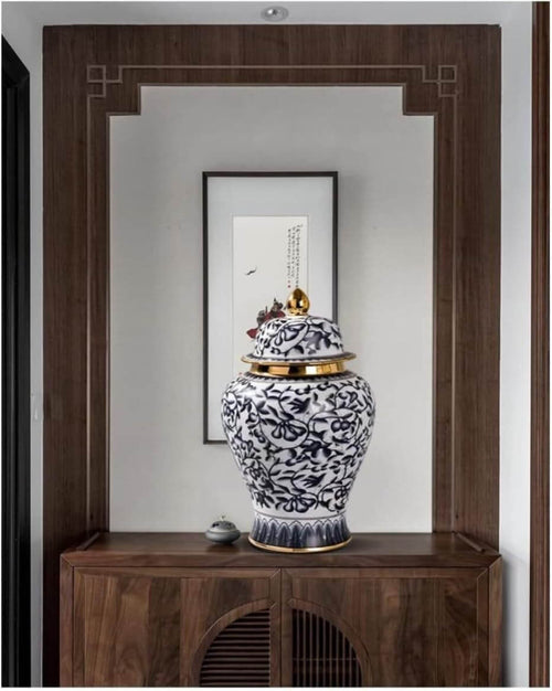 Handcrafted Navy Gold Motif Ceramic Jar