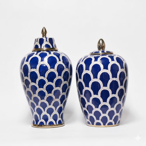 Blue and White Scallop Ceramic Jar Set