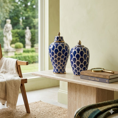 Blue and White Scallop Ceramic Jar Set