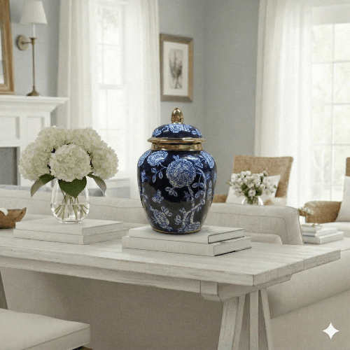 Navy Blue and White Floral Ceramic Ginger Jar - 29cm