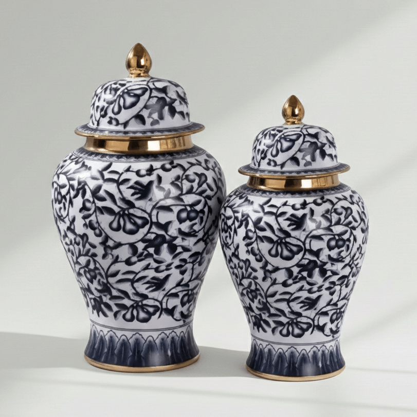 Blue and White Vine Ceramic Ginger Jar Set