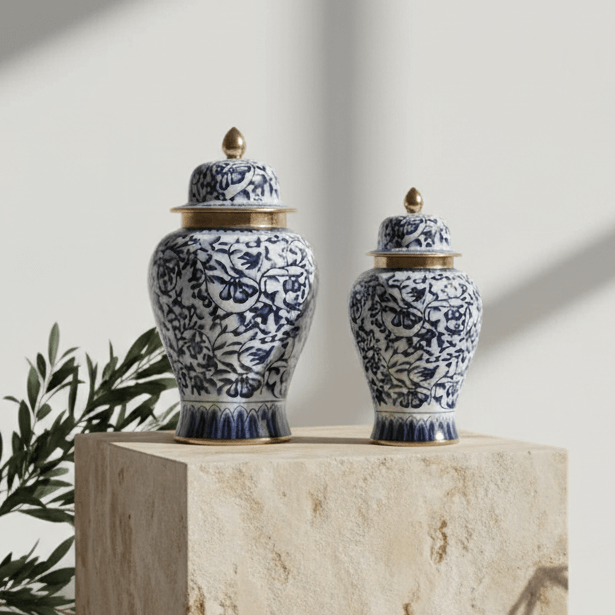 Blue and White Vine Ceramic Ginger Jar Set