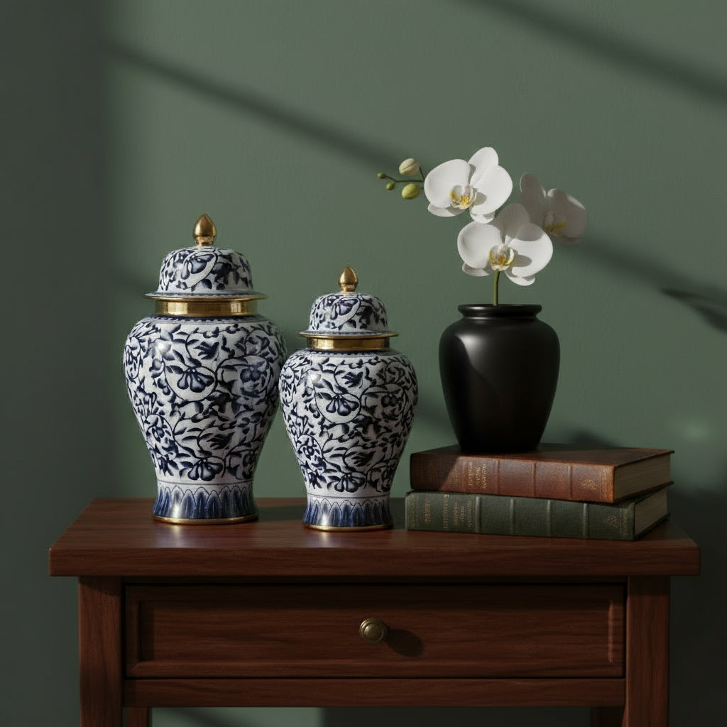 Imperial Navy Gold Floral Ginger Jar Set