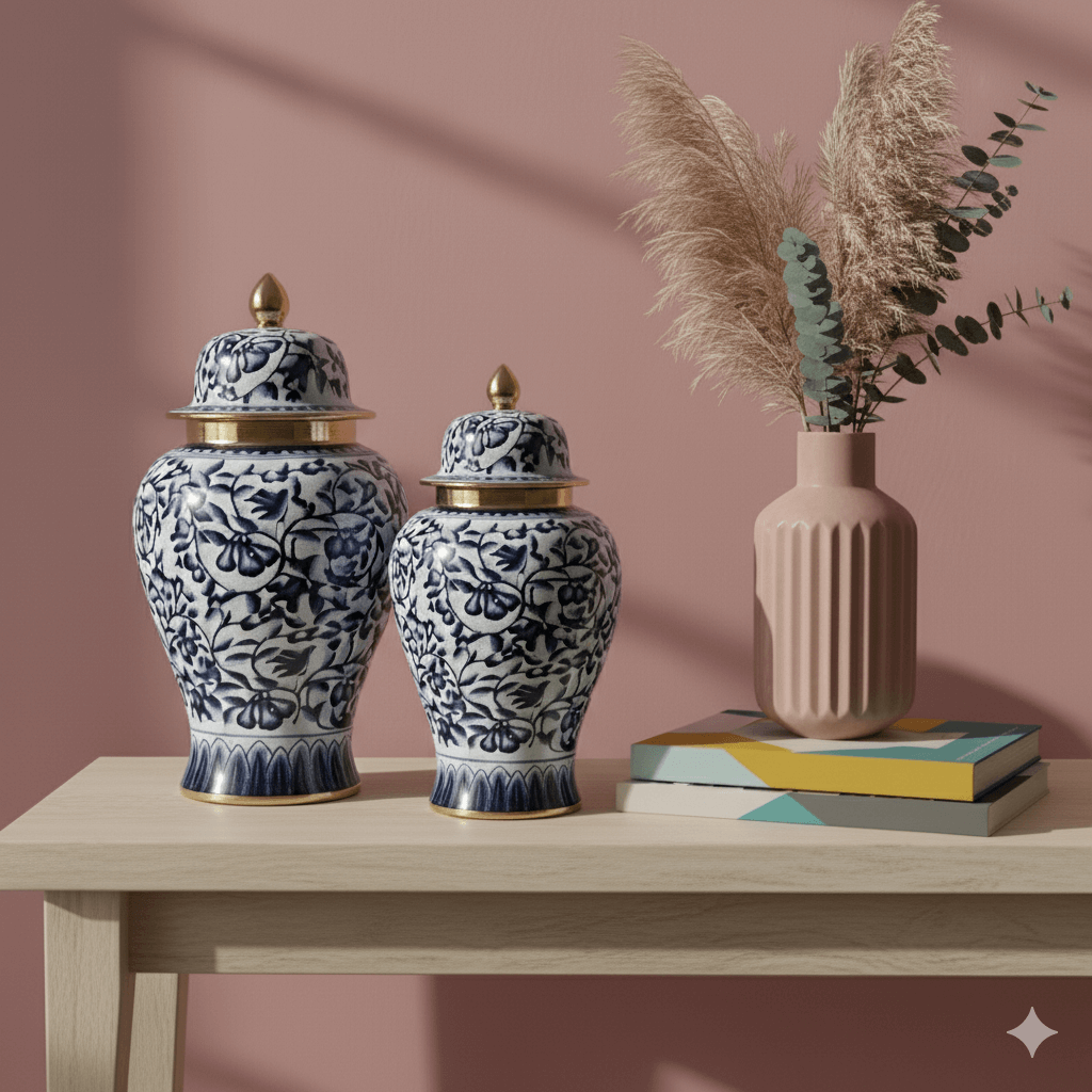 Imperial Navy Gold Floral Ginger Jar Set