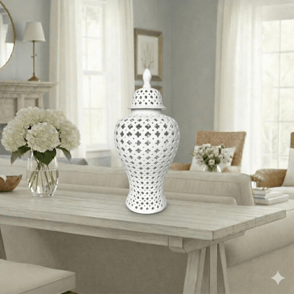 Pristine White Pierced Ceramic Temple Jar