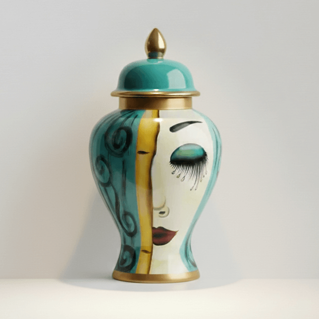 Art Deco Face Ceramic Temple Jar - Large