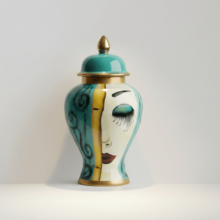 Art Deco Face Ceramic Temple Jar - Medium