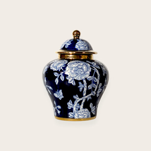 Navy Blue and White Floral Ceramic Ginger Jar - 24cm