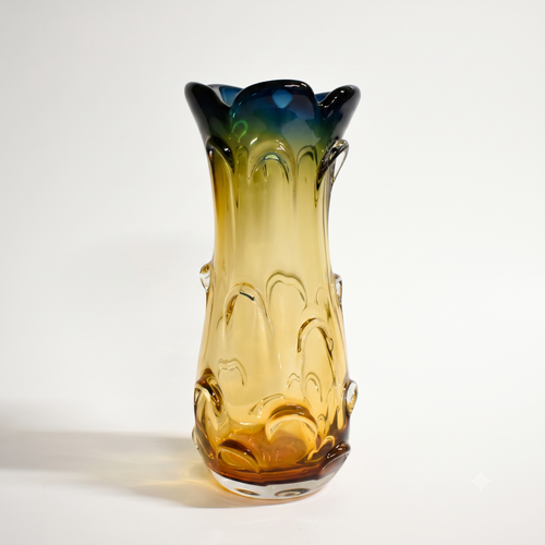 Murano Style Amber Blue Glass Vase - 35cm