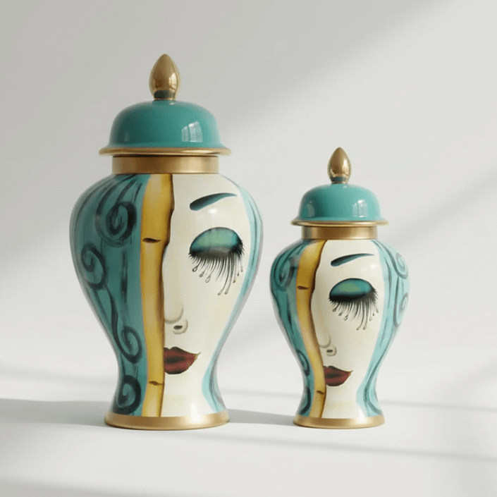 Art Deco Face Ceramic Temple Jar Set