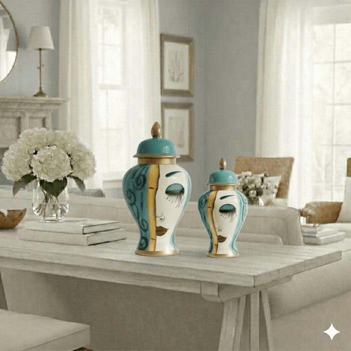 Art Deco Face Ceramic Temple Jar Set