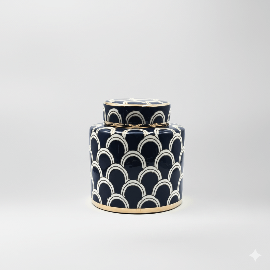 Navy Scallop Ceramic Ginger Jar - Small
