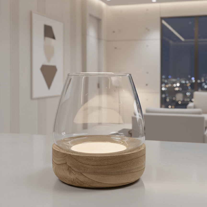 Clear Glass Bowl Vase with Wooden Base