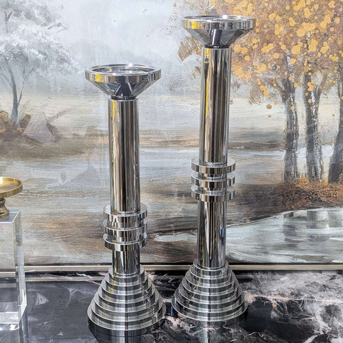Modern Chrome Sculptural Candle Holder Set
