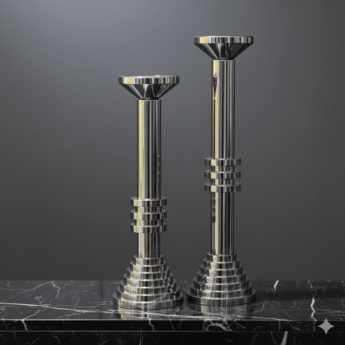 Modern Chrome Sculptural Candle Holder Set