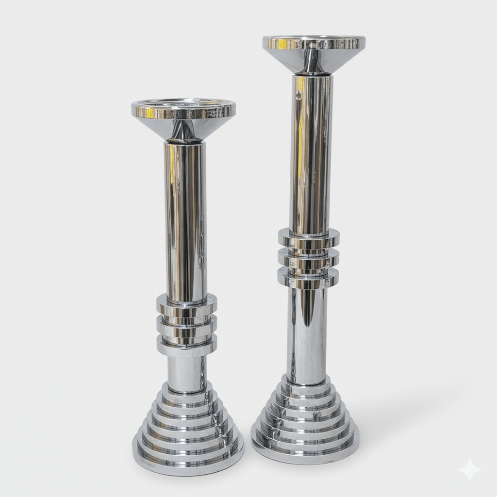 Modern Chrome Sculptural Candle Holder Set