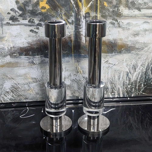 Modern Crystal & Chrome Candle Holder Pair