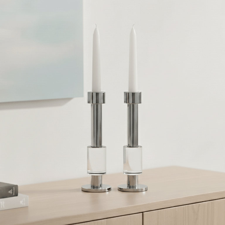 Modern Crystal & Chrome Candle Holder Pair