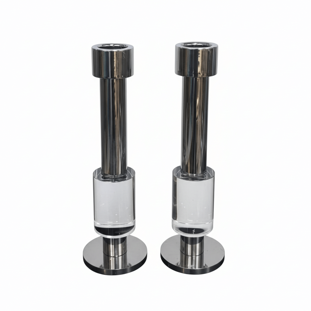 Modern Crystal & Chrome Candle Holder Pair