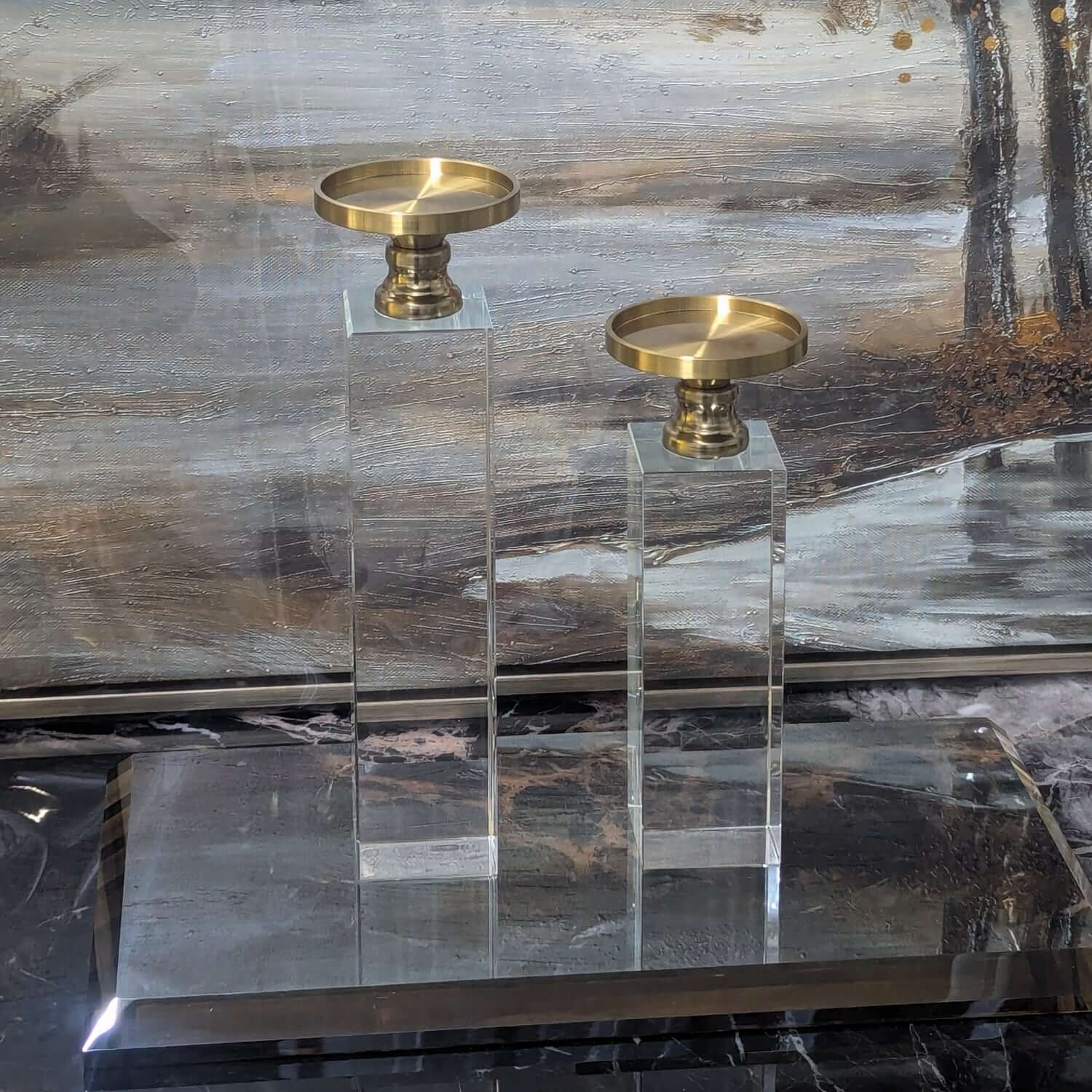 Modern Crystal & Gold Candle Holder Set