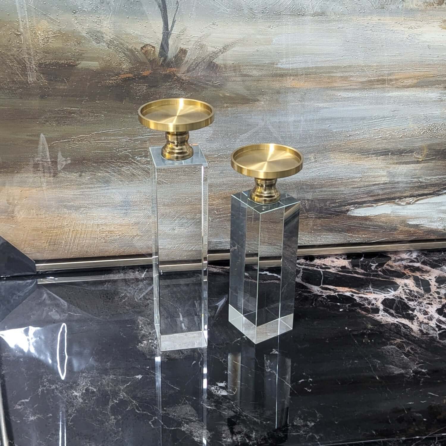 Modern Crystal & Gold Candle Holder Set