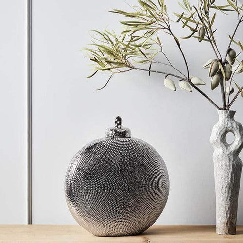 Modern Round Silver Lidded Ceramic Urn