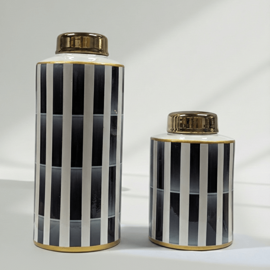 Striped Ceramic Ginger Jar Set - Gold Trim