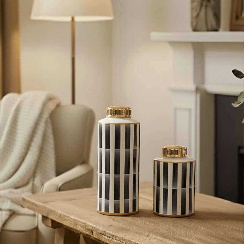 Striped Ceramic Ginger Jar Set - Gold Trim