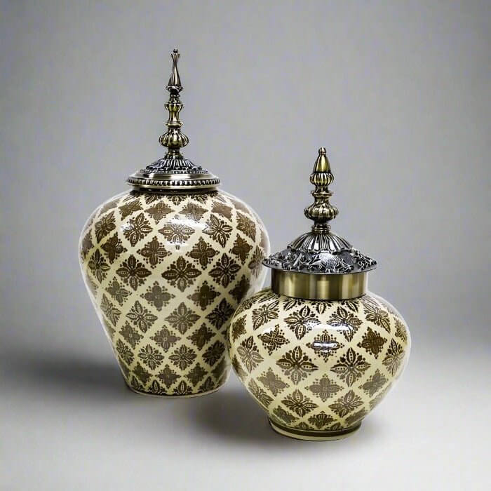 Moroccan Brown Taupe Ceramic Jar Brass Accent