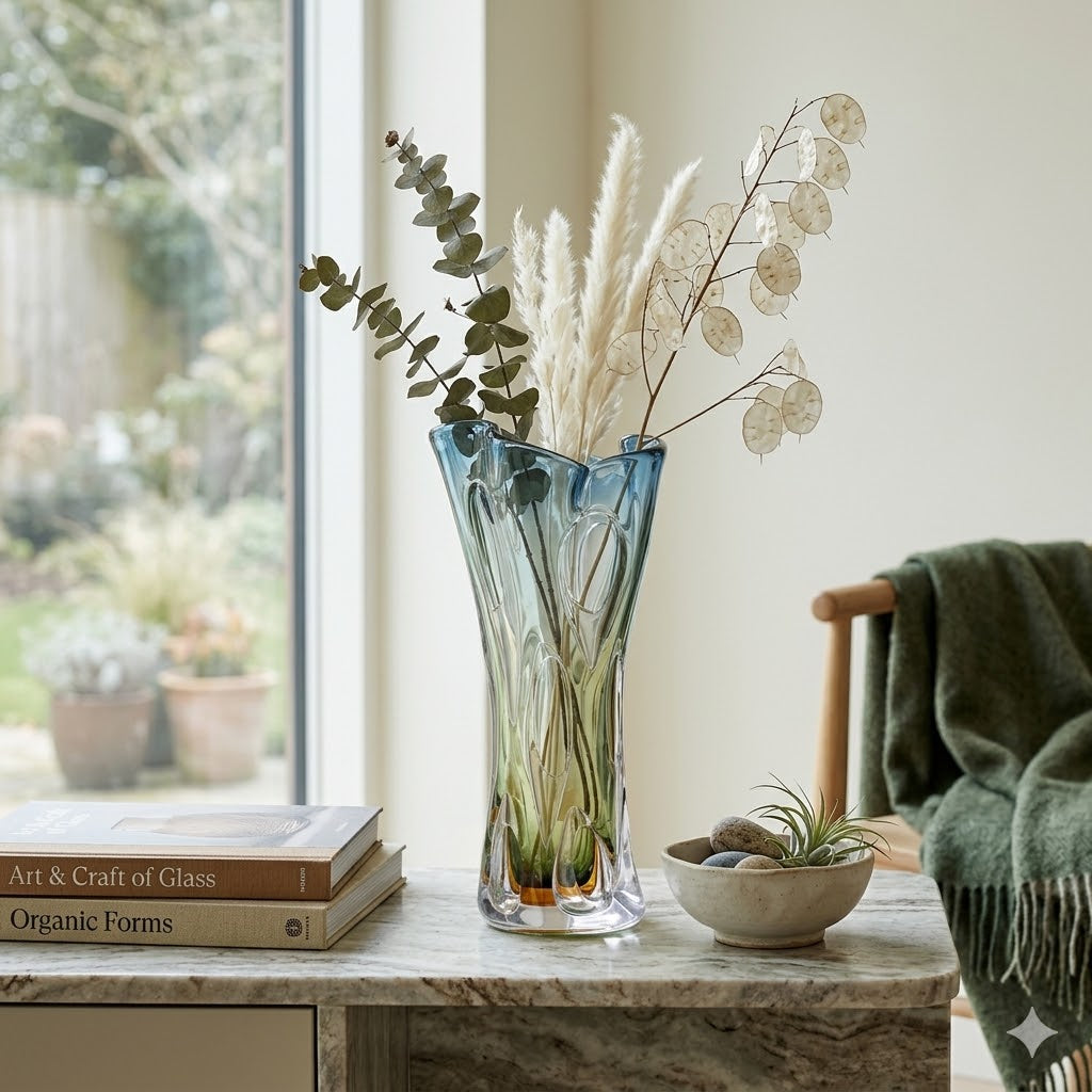 Blue and Amber Handblown Art Glass Vase