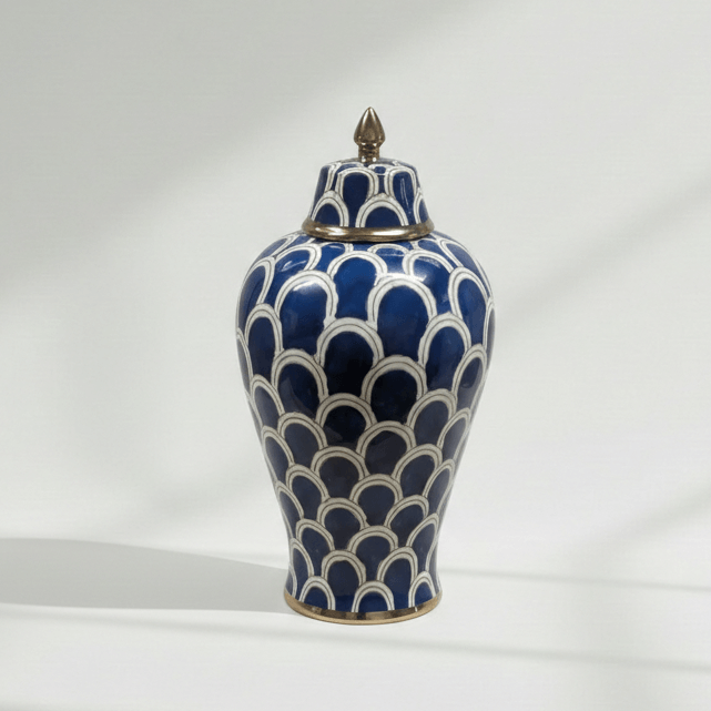 Navy Blue Scallop Ceramic Ginger Jar with Gold