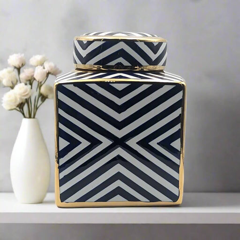 Navy and White Chevron Square Ginger Jar