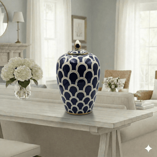 Navy Scallop Ceramic Urn - Medium