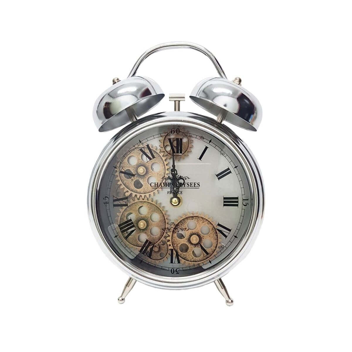 Polished Silver Exposed Gear Table Clock