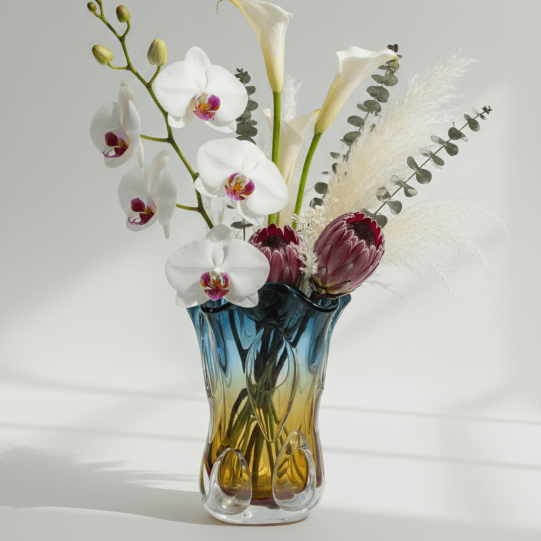Azure Blue and Amber Fluid Art Glass Vase