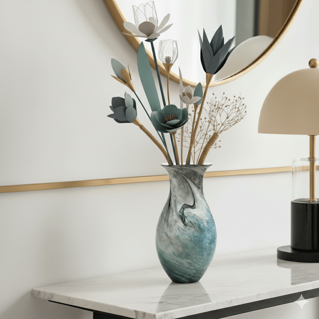 Marbled Teal Ceramic Baluster Vase - 37cm