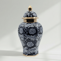 Navy Floral Ceramic Urn - Gold Accents