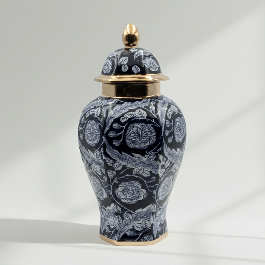 Navy Floral Ceramic Urn - Gold Accents