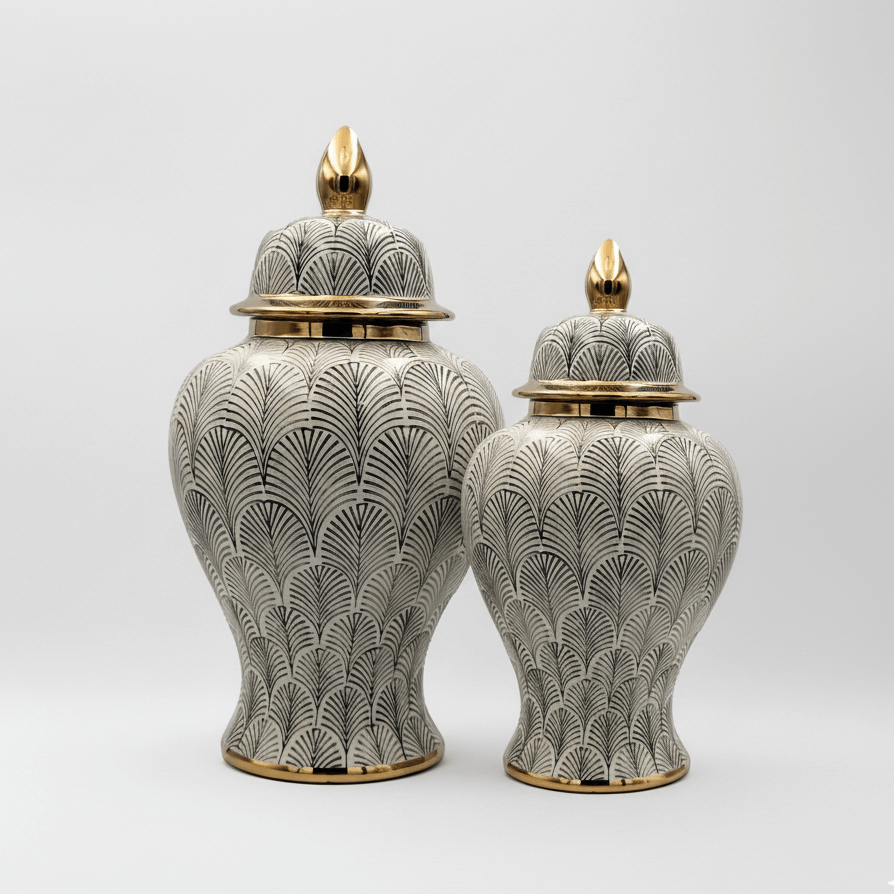 Olive Feather Ceramic Ginger Jar Set