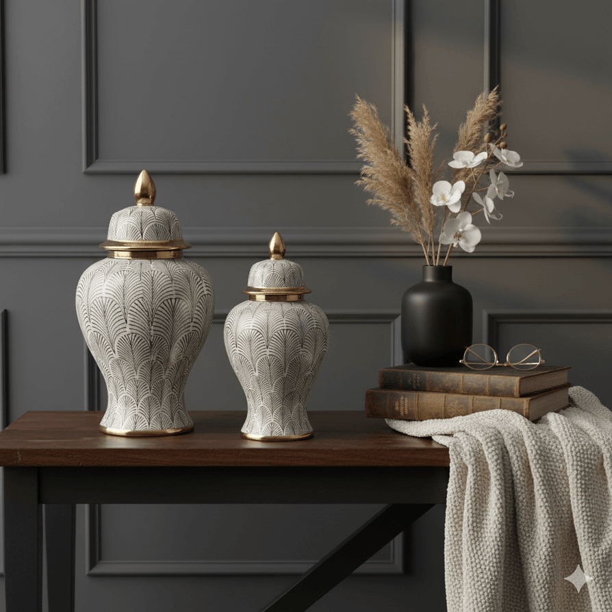 Olive Feather Ceramic Ginger Jar Set