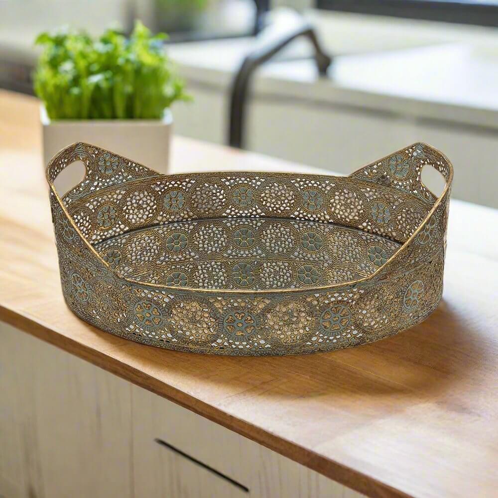 Rustic Gold Oval Mirrored Perfume Tray
