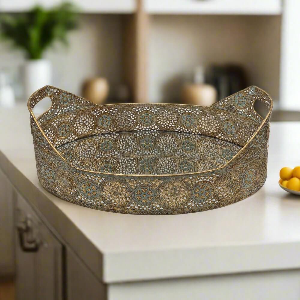 Rustic Gold Oval Mirrored Perfume Tray