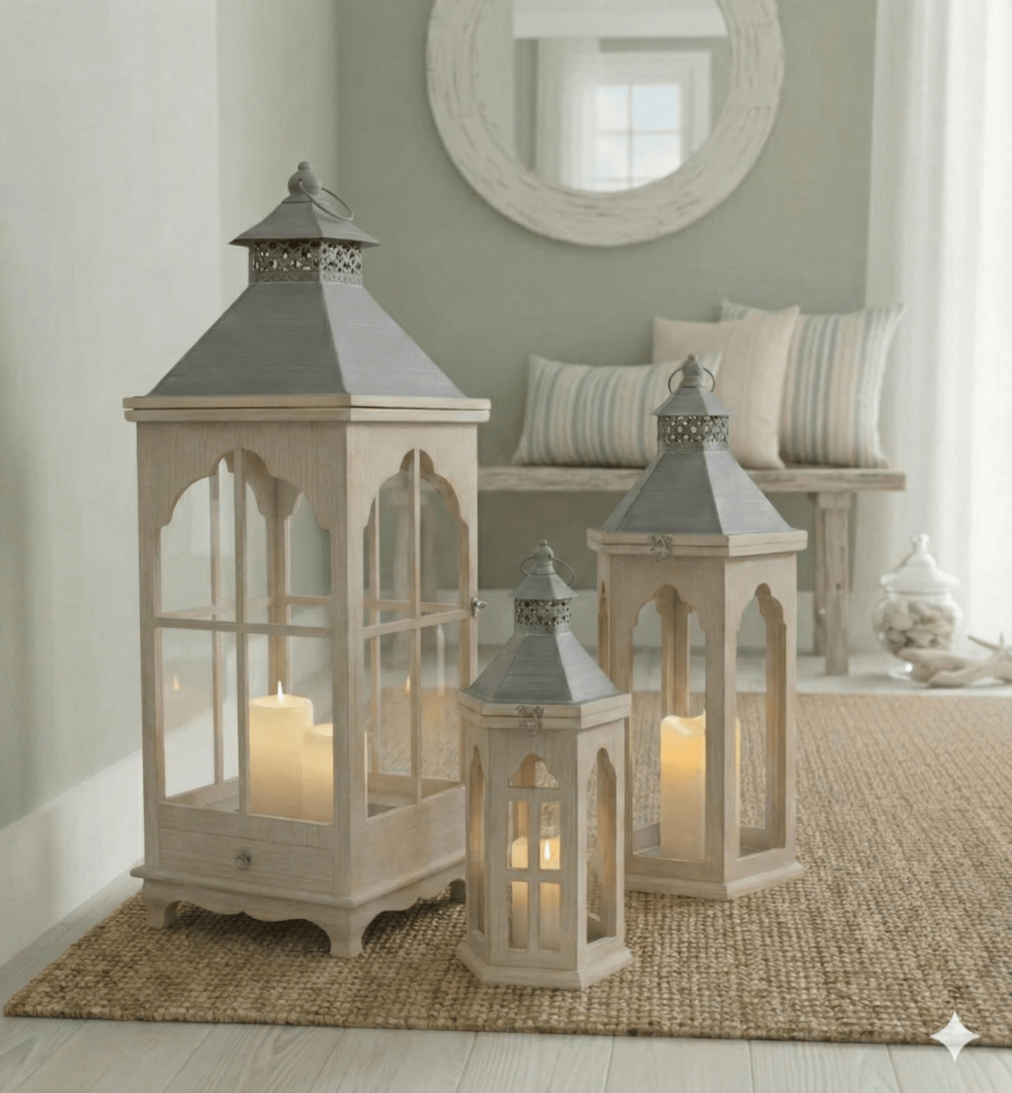 Rustic Wood Lantern Set Metal Accent